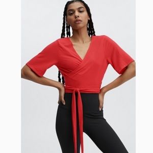 Fabletics, red short sleeve wrap top.